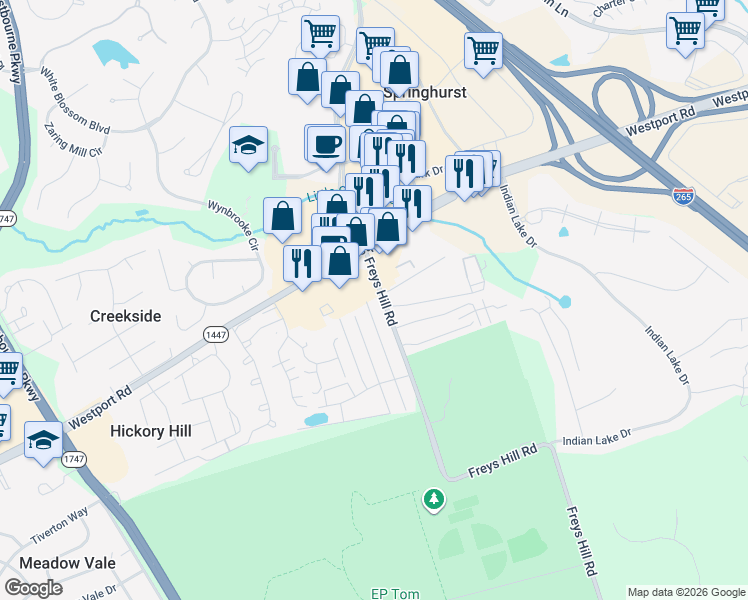 map of restaurants, bars, coffee shops, grocery stores, and more near 3308 Freys Hill Road in Louisville