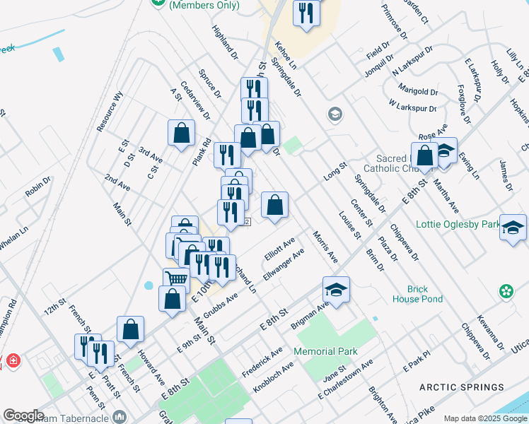 map of restaurants, bars, coffee shops, grocery stores, and more near 1539 Lynndale Drive in Jeffersonville