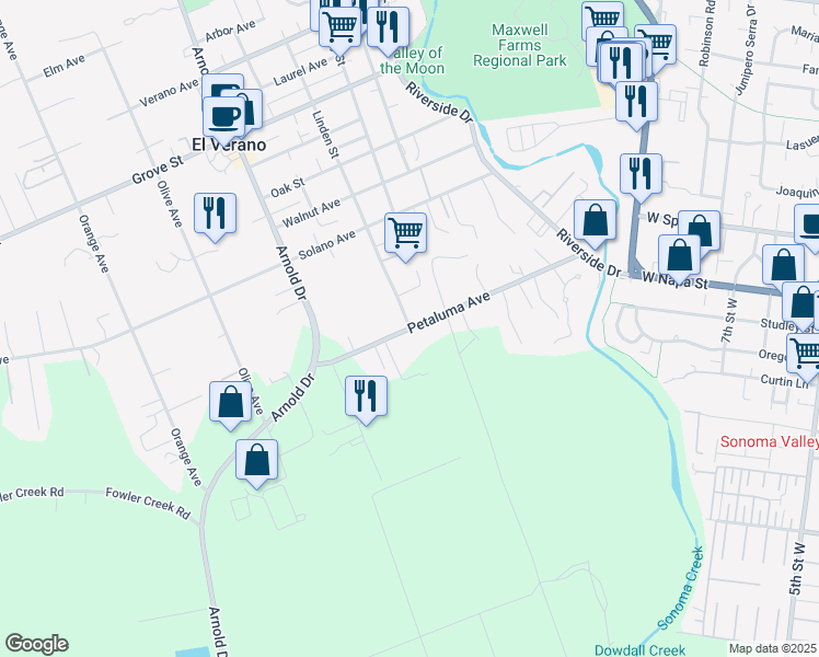 map of restaurants, bars, coffee shops, grocery stores, and more near Petaluma Ave & Linden St in Sonoma