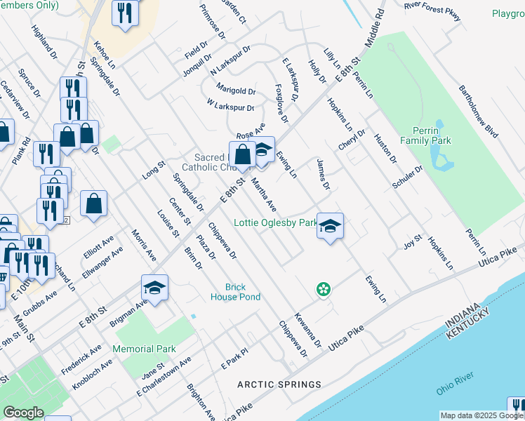 map of restaurants, bars, coffee shops, grocery stores, and more near 710 Roma Avenue in Jeffersonville