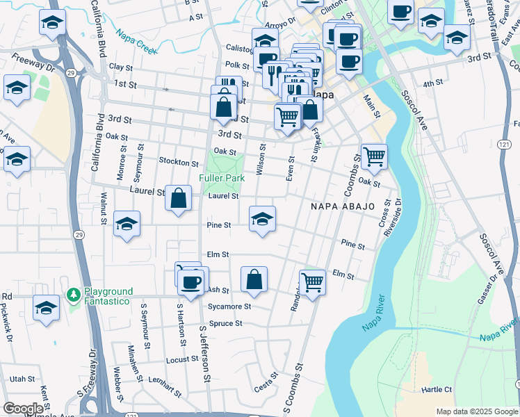 map of restaurants, bars, coffee shops, grocery stores, and more near 452 Wilson Street in Napa