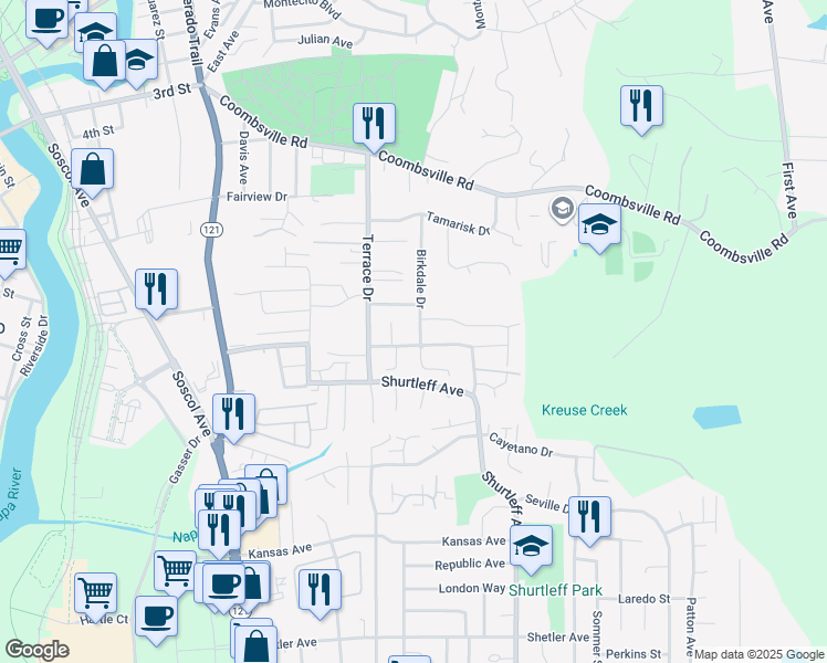 map of restaurants, bars, coffee shops, grocery stores, and more near 1057 Birkdale Drive in Napa