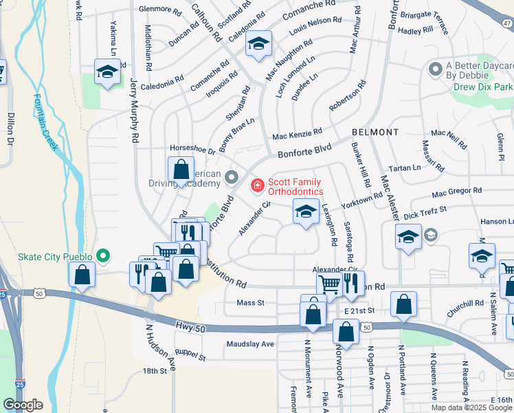 map of restaurants, bars, coffee shops, grocery stores, and more near 930 Alexander Circle in Pueblo