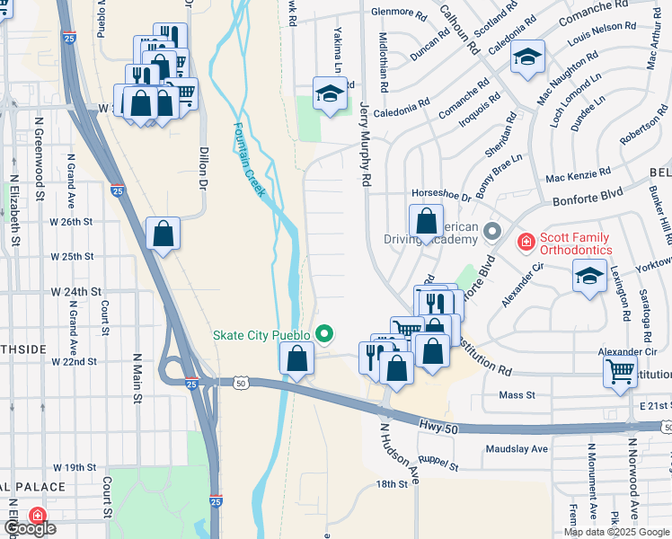 map of restaurants, bars, coffee shops, grocery stores, and more near 9 Full Moon Ct in Pueblo