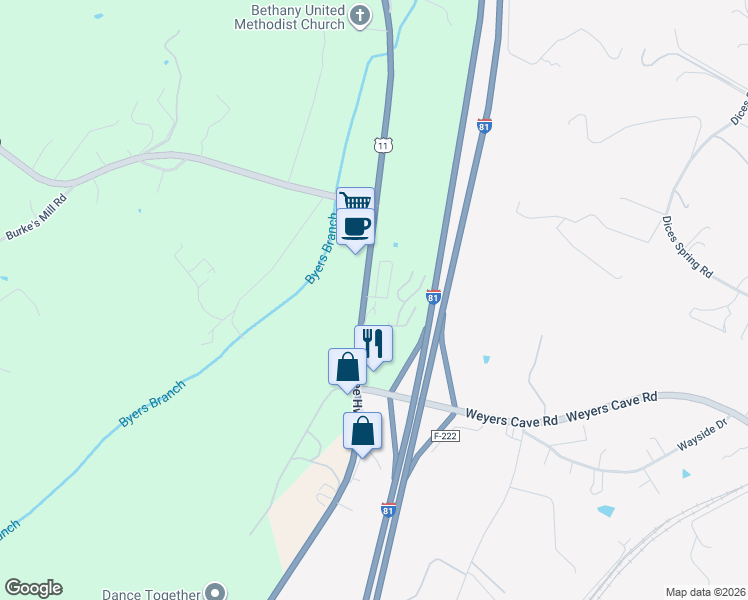 map of restaurants, bars, coffee shops, grocery stores, and more near 20 Landings Drive in Weyers Cave