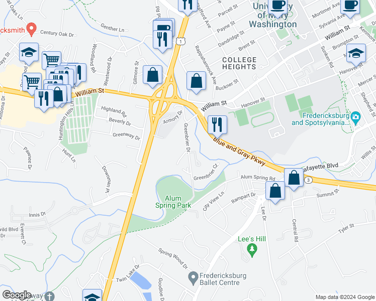 map of restaurants, bars, coffee shops, grocery stores, and more near 4 Greenbrier Drive in Fredericksburg