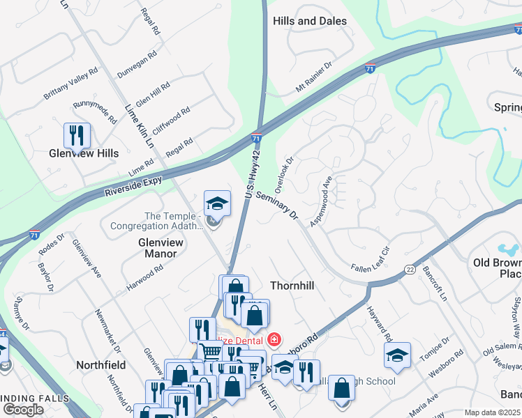 map of restaurants, bars, coffee shops, grocery stores, and more near 6600 Seminary Woods Place in Louisville