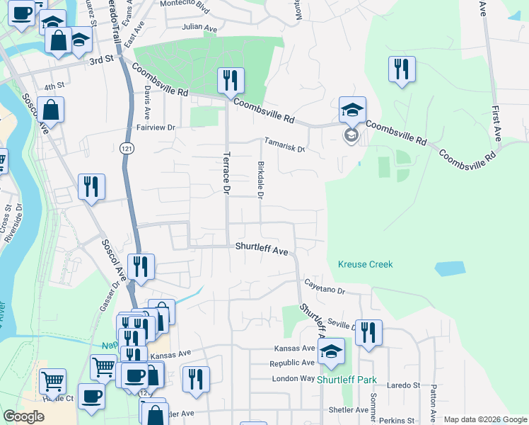 map of restaurants, bars, coffee shops, grocery stores, and more near 1117 Pennyroyal Street in Napa