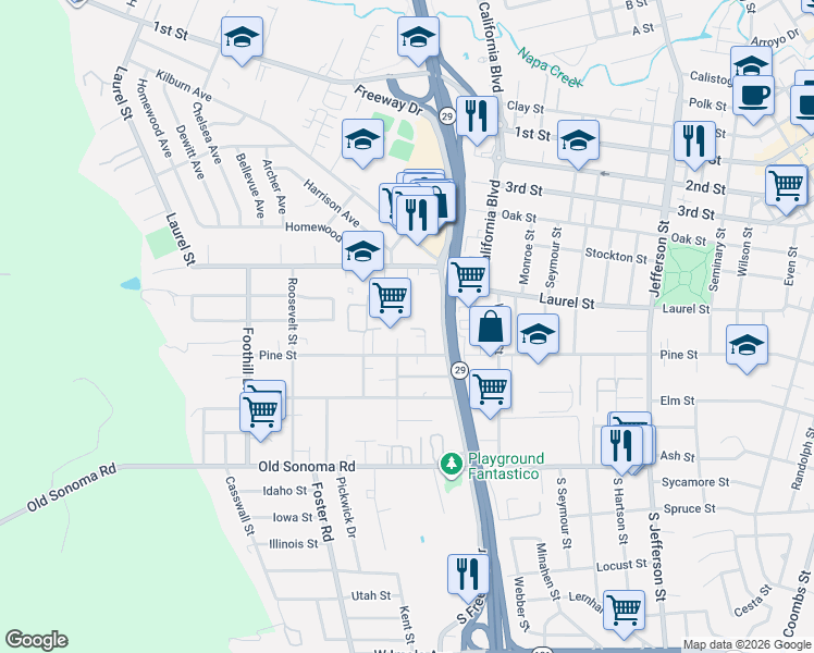 map of restaurants, bars, coffee shops, grocery stores, and more near 316 Hickory Street in Napa
