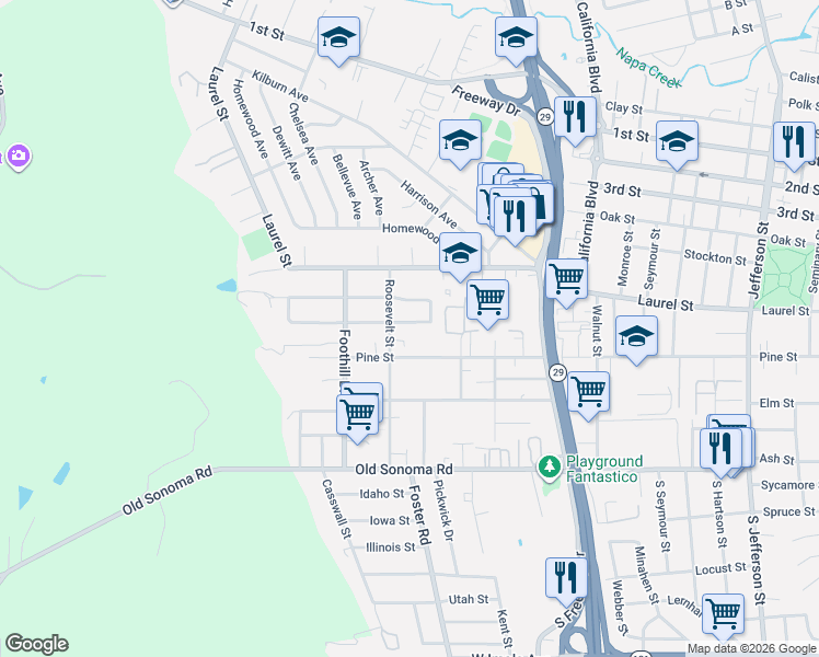 map of restaurants, bars, coffee shops, grocery stores, and more near 2733 Cypress Street in Napa