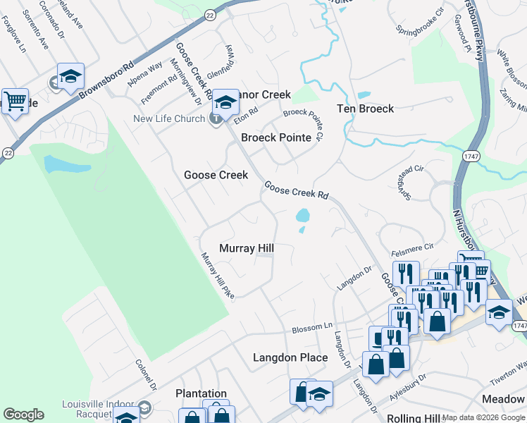 map of restaurants, bars, coffee shops, grocery stores, and more near 3100 Murray Hill Pike in Louisville