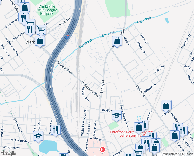 map of restaurants, bars, coffee shops, grocery stores, and more near 1909 Spring Street in Jeffersonville