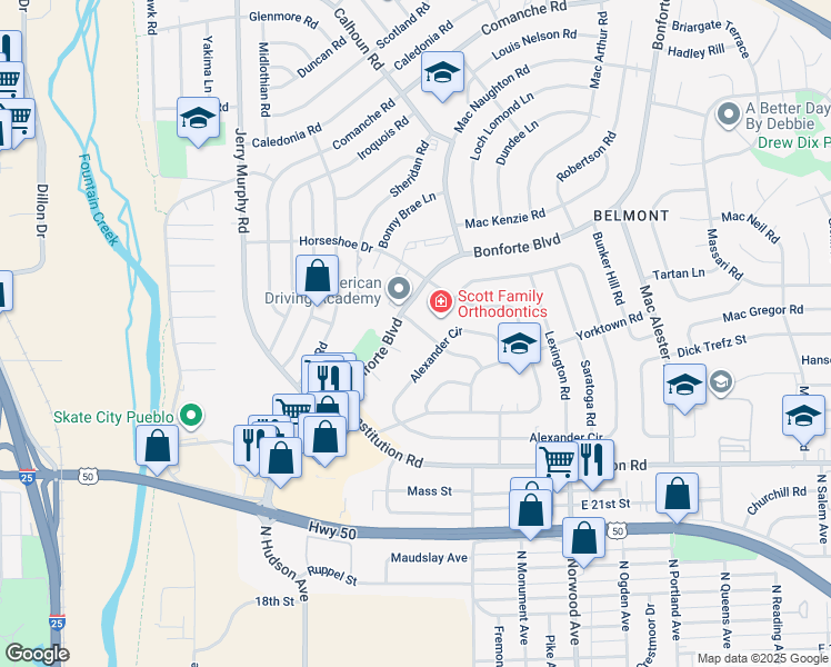 map of restaurants, bars, coffee shops, grocery stores, and more near 1552 Bonforte Boulevard in Pueblo