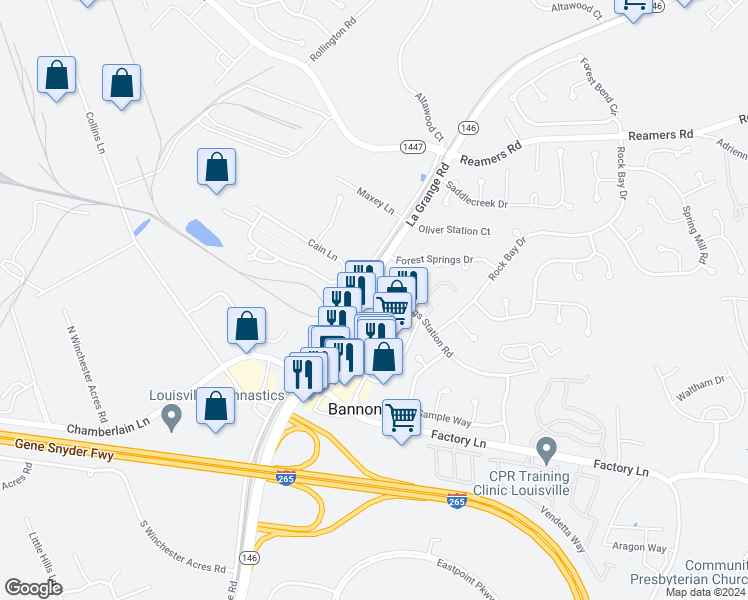 map of restaurants, bars, coffee shops, grocery stores, and more near 12440 Kentucky 146 in Louisville