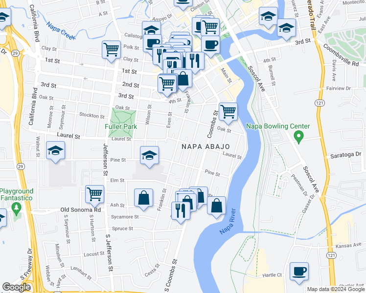 map of restaurants, bars, coffee shops, grocery stores, and more near 1331 Laurel Street in Napa