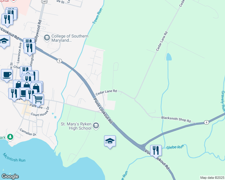 map of restaurants, bars, coffee shops, grocery stores, and more near 22855 Ellenborough Lane in Leonardtown