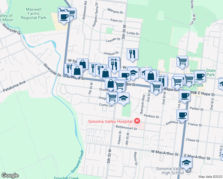 map of restaurants, bars, coffee shops, grocery stores, and more near 530 Studley Street in Sonoma