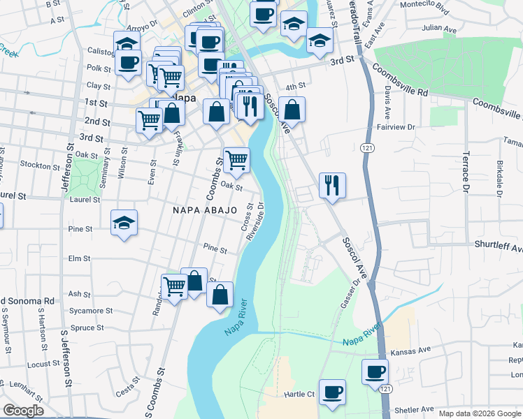 map of restaurants, bars, coffee shops, grocery stores, and more near 445 Riverside Drive in Napa