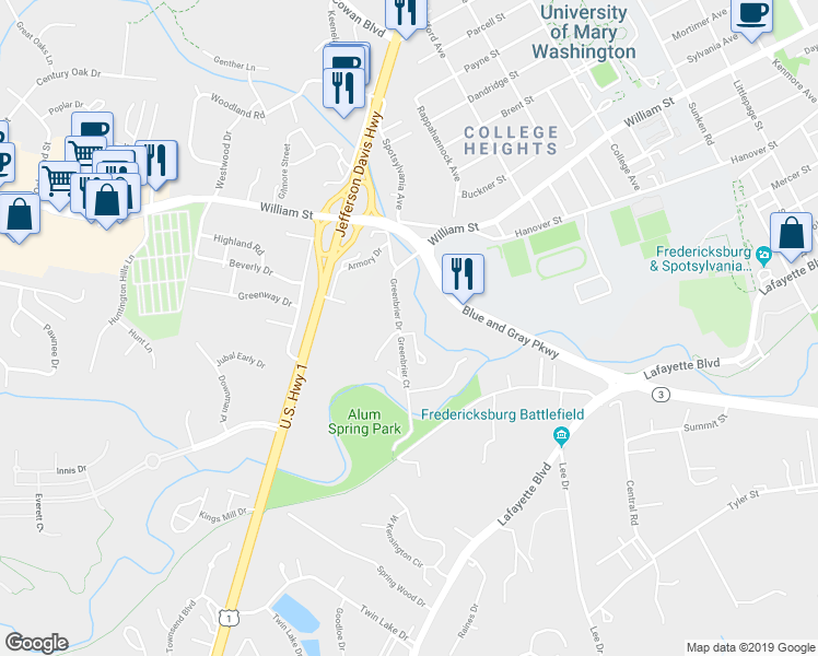 map of restaurants, bars, coffee shops, grocery stores, and more near 449 Greenbrier Court in Fredericksburg