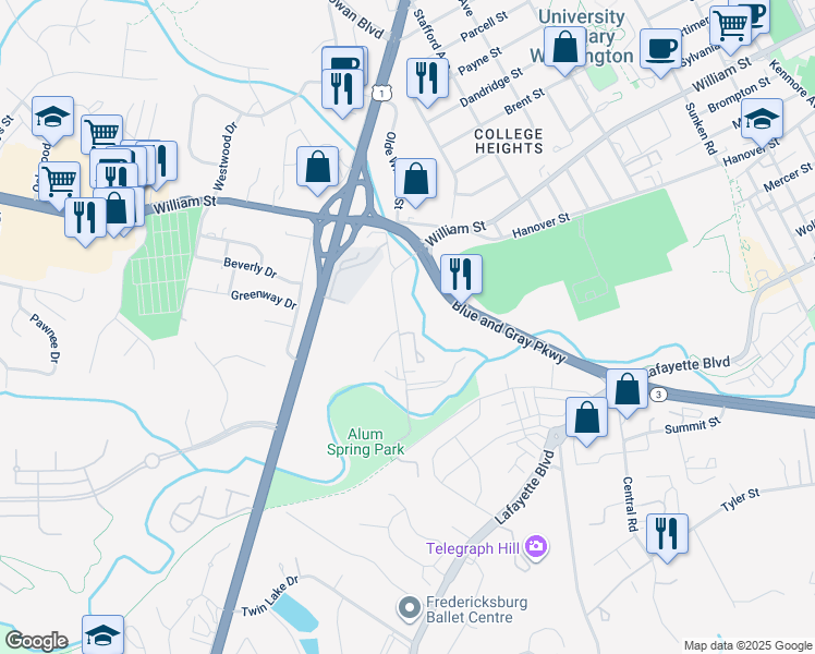 map of restaurants, bars, coffee shops, grocery stores, and more near 449 Greenbrier Court in Fredericksburg