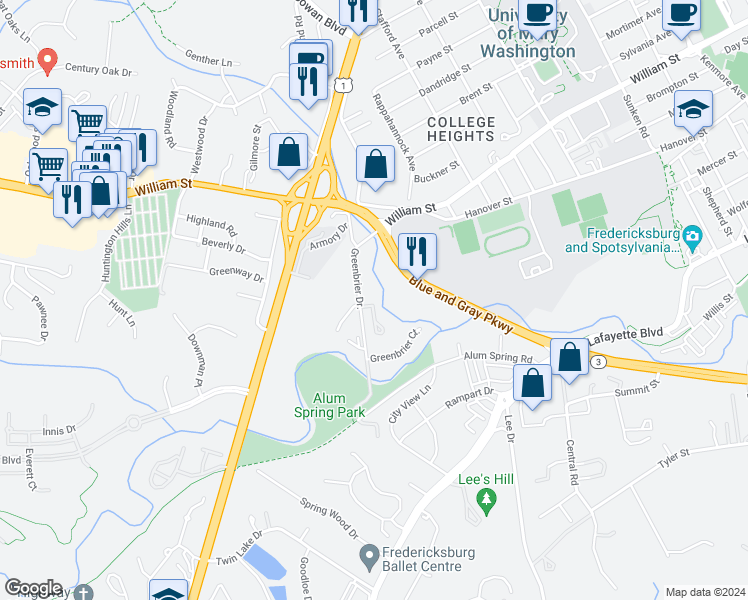 map of restaurants, bars, coffee shops, grocery stores, and more near 445 Greenbrier Court in Fredericksburg