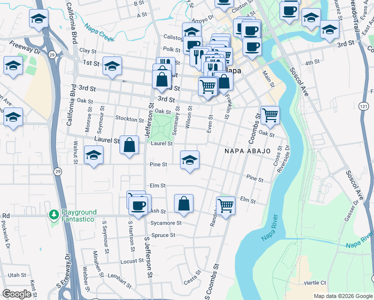 map of restaurants, bars, coffee shops, grocery stores, and more near 452 Wilson Street in Napa