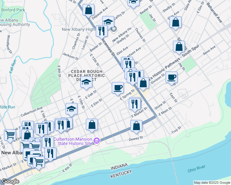 map of restaurants, bars, coffee shops, grocery stores, and more near 1406 East Elm Street in New Albany