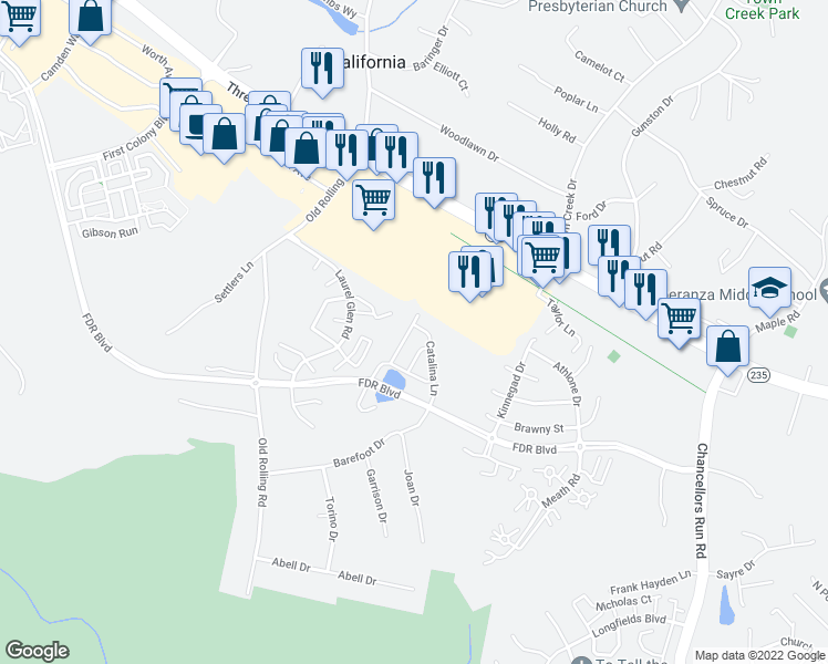 map of restaurants, bars, coffee shops, grocery stores, and more near 22766 Bayside Way in California