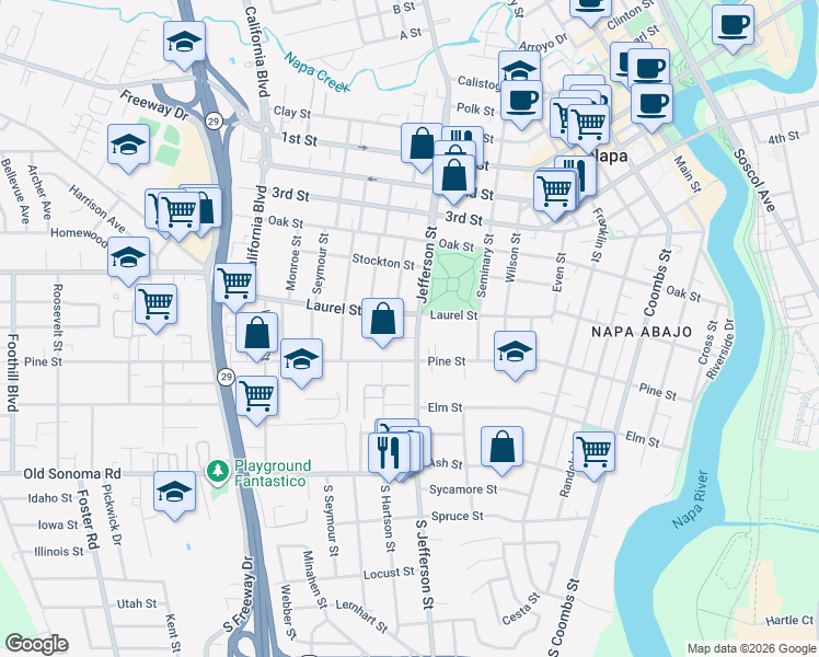 map of restaurants, bars, coffee shops, grocery stores, and more near 465 Jefferson Street in Napa