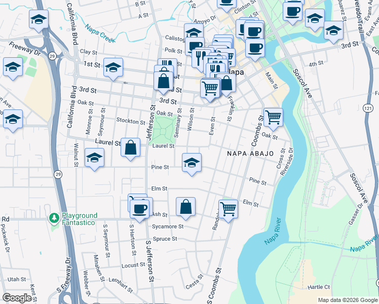 map of restaurants, bars, coffee shops, grocery stores, and more near 452 Wilson Street in Napa