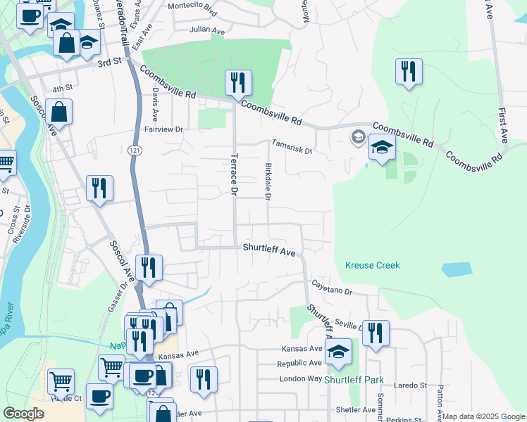 map of restaurants, bars, coffee shops, grocery stores, and more near 1051 Birkdale Drive in Napa