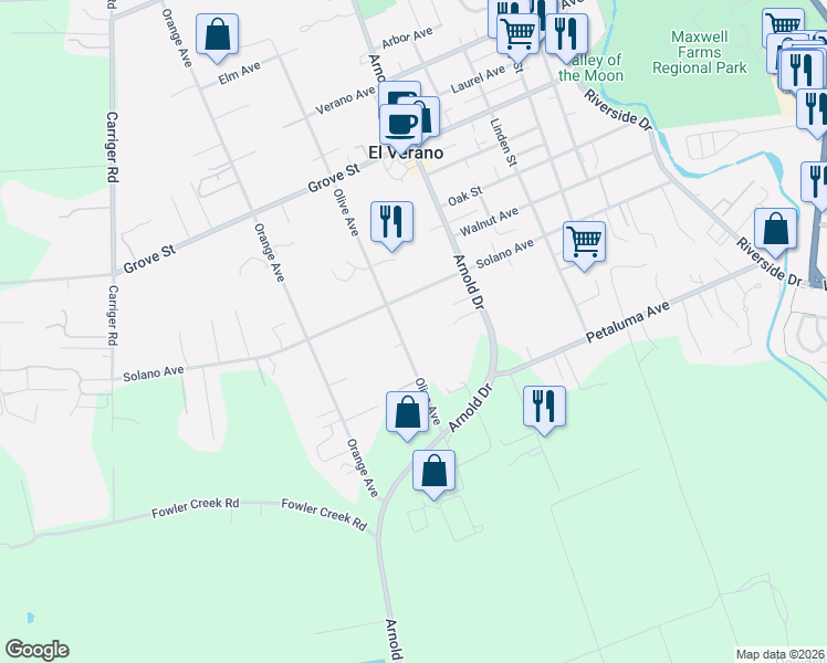 map of restaurants, bars, coffee shops, grocery stores, and more near 19333 Olive Ave in Sonoma