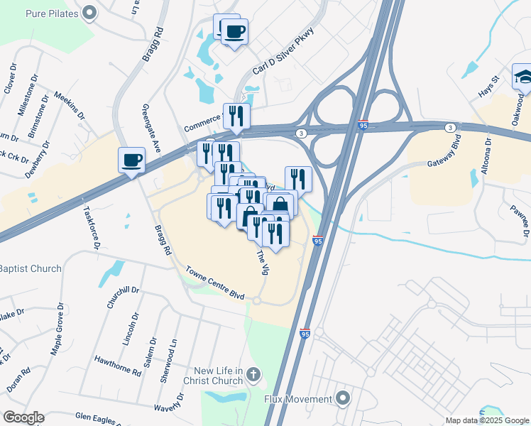 map of restaurants, bars, coffee shops, grocery stores, and more near 100 Spotsylvania Mall Drive in Fredericksburg