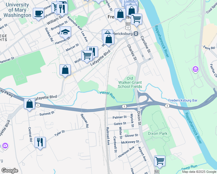 map of restaurants, bars, coffee shops, grocery stores, and more near 981 Gunnery Road in Fredericksburg