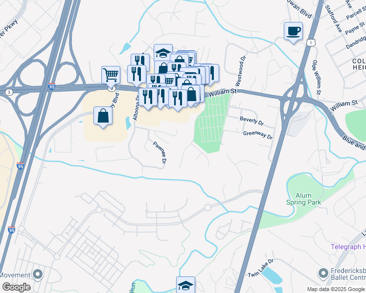 map of restaurants, bars, coffee shops, grocery stores, and more near 108 Huntington Hills Lane in Fredericksburg