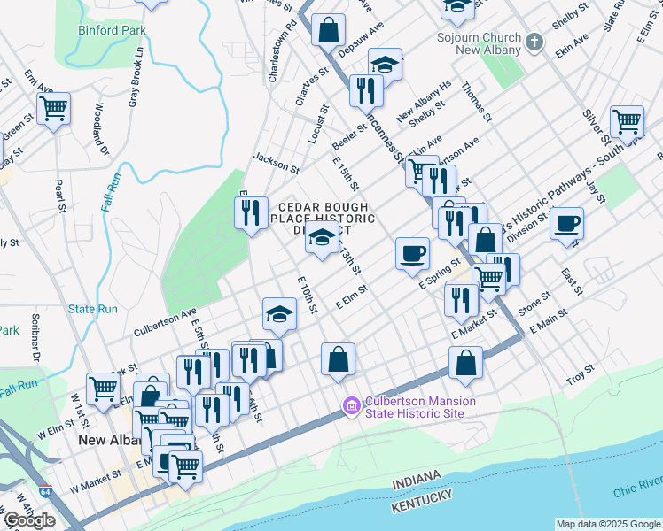map of restaurants, bars, coffee shops, grocery stores, and more near 1203 East Oak Street in New Albany