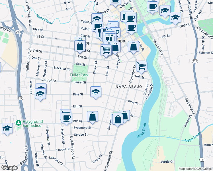 map of restaurants, bars, coffee shops, grocery stores, and more near 1491 Laurel Street in Napa