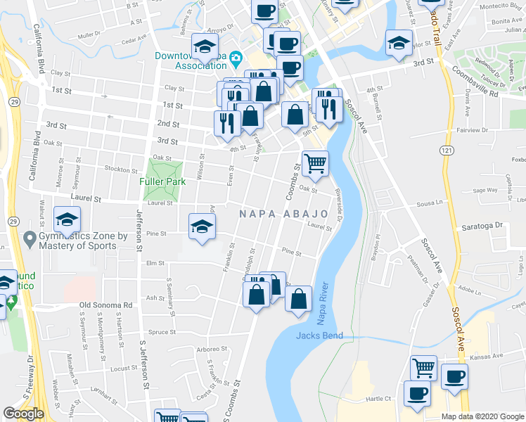 map of restaurants, bars, coffee shops, grocery stores, and more near Randolph Street in Napa