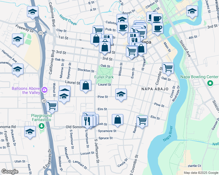 map of restaurants, bars, coffee shops, grocery stores, and more near 449 Seminary Street in Napa
