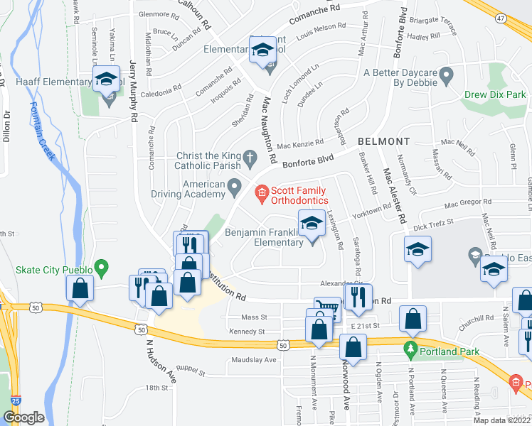 map of restaurants, bars, coffee shops, grocery stores, and more near 926 Alexander Circle in Pueblo