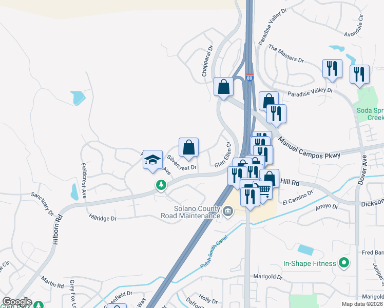 map of restaurants, bars, coffee shops, grocery stores, and more near 3417 Moss Valley Drive in Fairfield