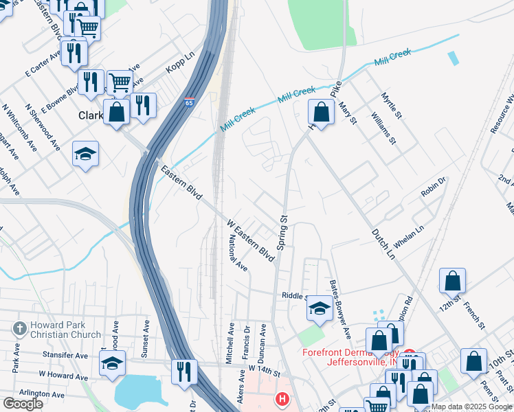 map of restaurants, bars, coffee shops, grocery stores, and more near 117 Frank Street in Jeffersonville