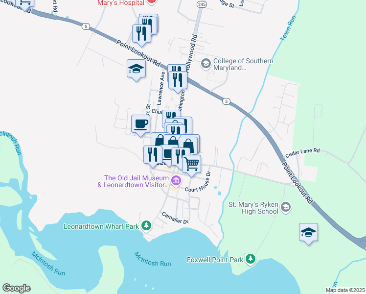 map of restaurants, bars, coffee shops, grocery stores, and more near 22760 Washington Street in Leonardtown