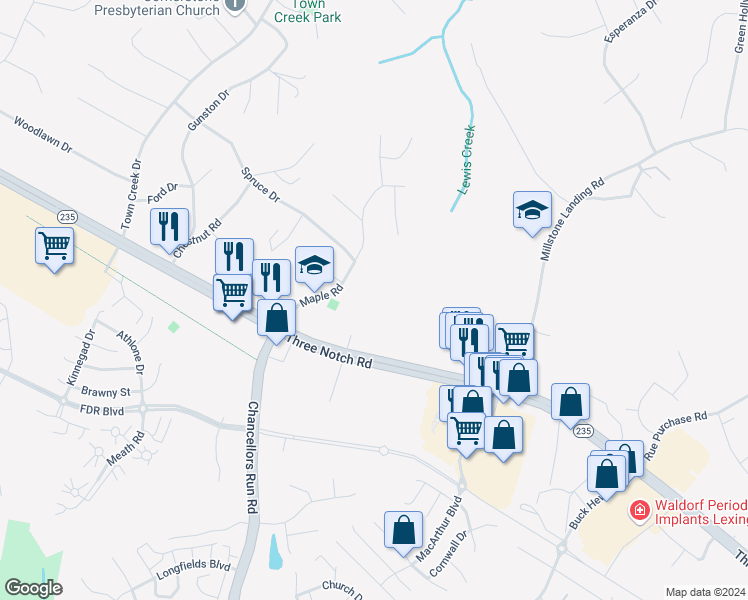 map of restaurants, bars, coffee shops, grocery stores, and more near 22790 Maple Road in Lexington Park