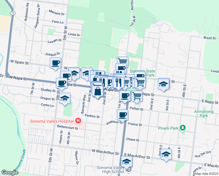 map of restaurants, bars, coffee shops, grocery stores, and more near 201 2nd Street West in Sonoma