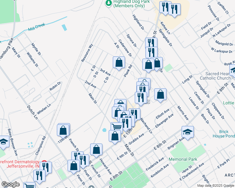map of restaurants, bars, coffee shops, grocery stores, and more near 1444 Plank Road in Jeffersonville