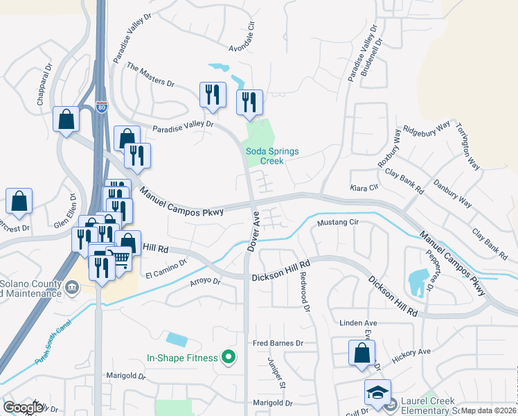 map of restaurants, bars, coffee shops, grocery stores, and more near 710 Otter Court in Fairfield