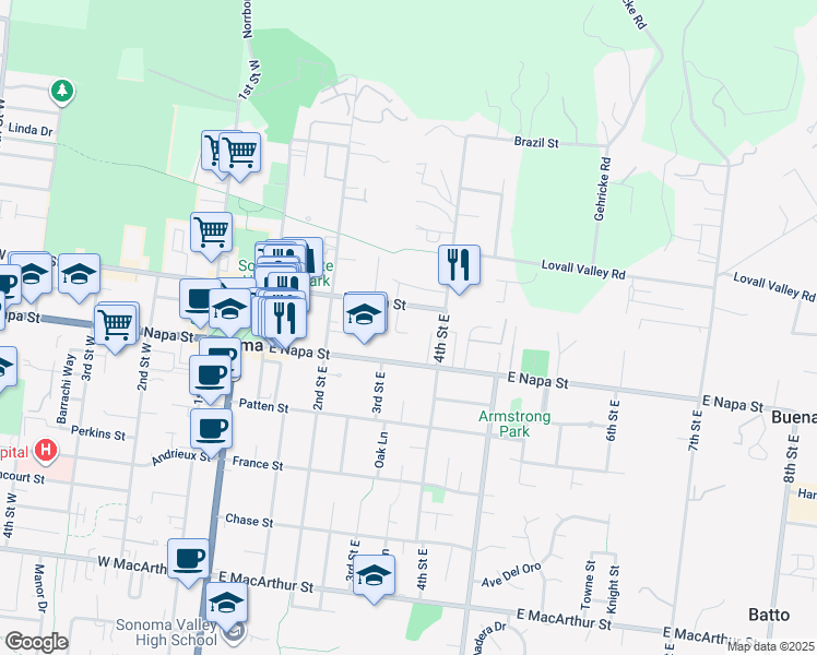 map of restaurants, bars, coffee shops, grocery stores, and more near 344 East Napa Street in Sonoma