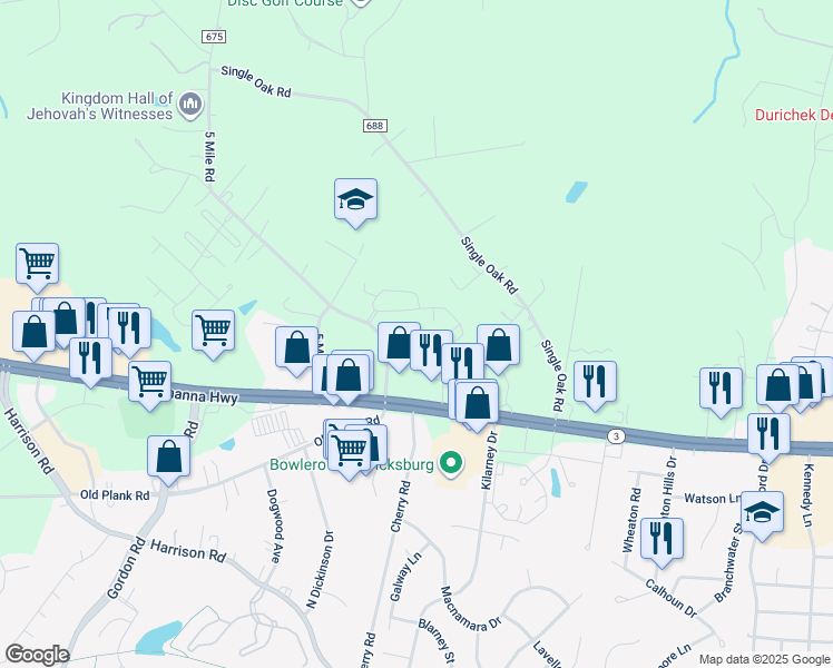 map of restaurants, bars, coffee shops, grocery stores, and more near 12131 Bowling Farm Court in Fredericksburg
