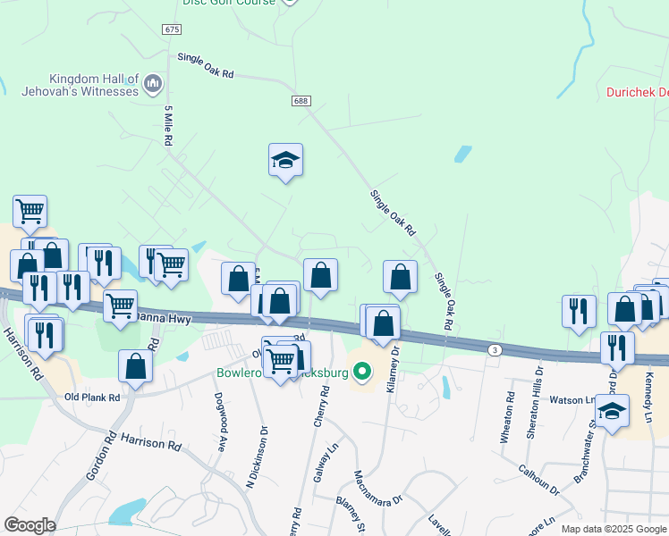 map of restaurants, bars, coffee shops, grocery stores, and more near 12131 Bowling Farm Court in Fredericksburg